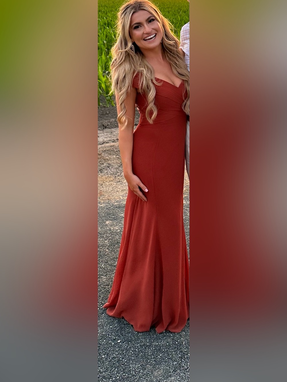 Azazie Terracotta Off-Shoulder Convertible Chiffon Gown